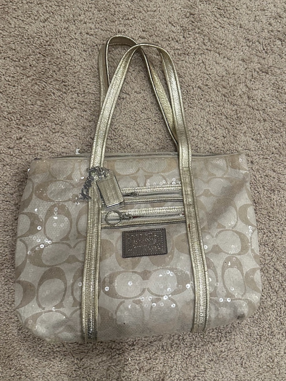 Coach Metallic Beige Signature Tote with Sequins